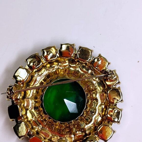 1950's Austria Brooch Rhinestone Glass Blue large Green Faced Stone Brooch - Picture 3 of 9